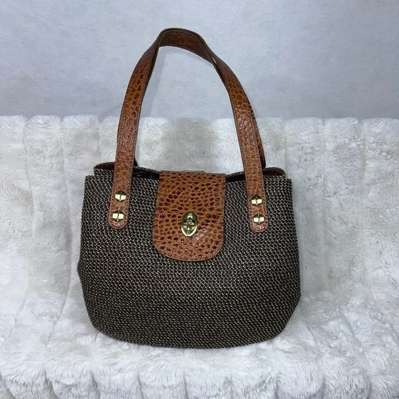 Eric Javits Woven Tote Bag Brown Tan Crocodile Trim Top Handle - Picture 1 of 11